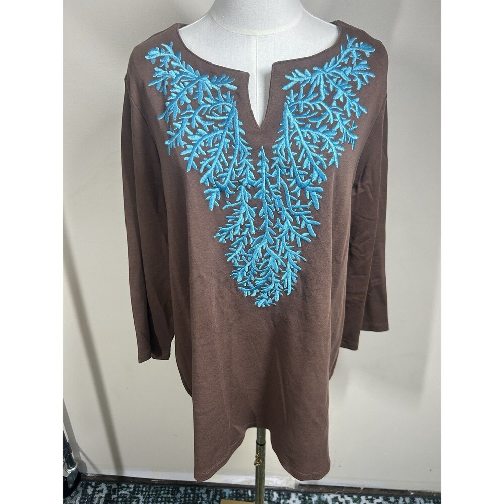 Quacker Factory Women's Top XL Brown w Aqua Floral Embroidering 260